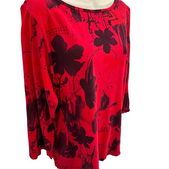 CMC Women Red Floral Print Round Neck 3/4 Sleeve Cotton Top Size L - Picture 2 of 6